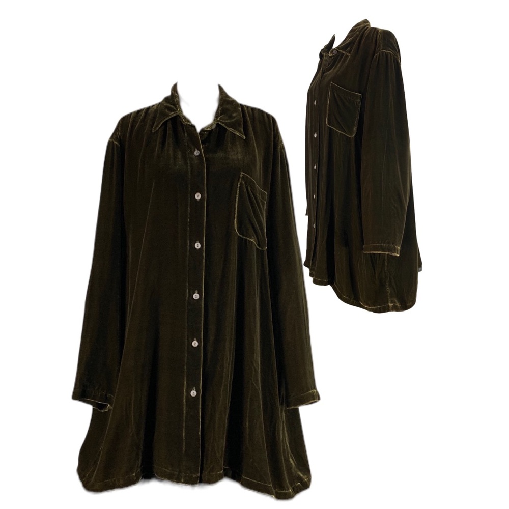 Silk Crushed Velvet Tunic Oversized Lagenlook Minimalist Button Front in Olive M